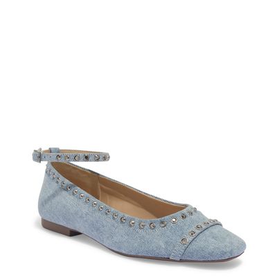 Sapatilha Bico Redondo Azul Jeans Strass Hotfix