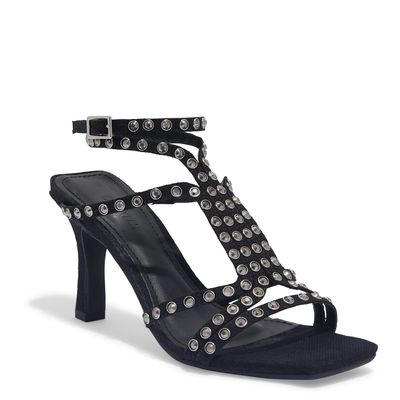 Sandália Linho Preto Tiras Strass Hotfix Salto Alto Fino