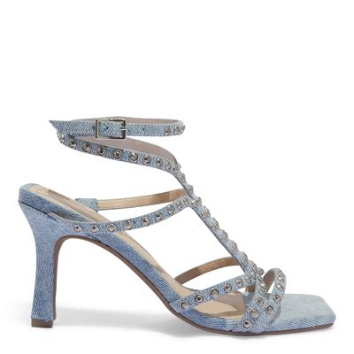 Sandália Jeans Tiras Strass Hotfix Salto Alto Fino