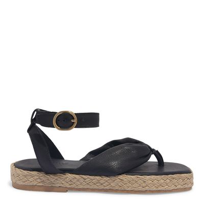 Sandália Espadrille Flatform Tiras Puff Couro Preta