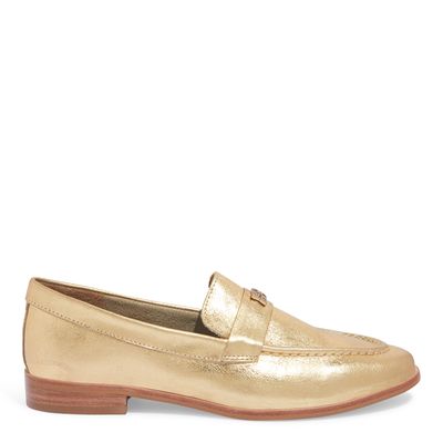 Mocassim Couro Cristal Dourado Bico Redondo