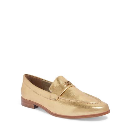 Mocassim Couro Cristal Dourado Bico Redondo