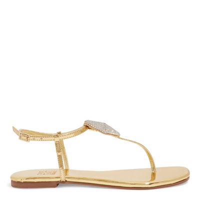 Rasteira Specchio Metalizada Dourada Strass Bico Quadrada