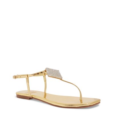 Rasteira Specchio Metalizada Dourada Strass Bico Quadrada