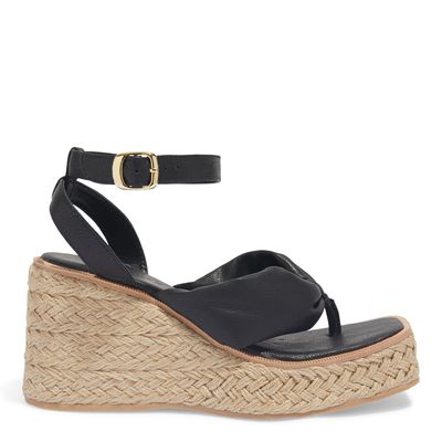 Sandália Espadrillle Salto Anabela Puff Couro Preta