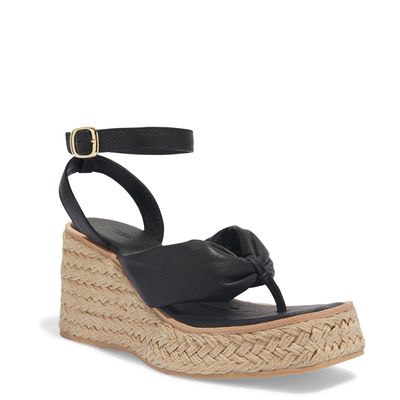 Sandália Espadrillle Salto Anabela Puff Couro Preta