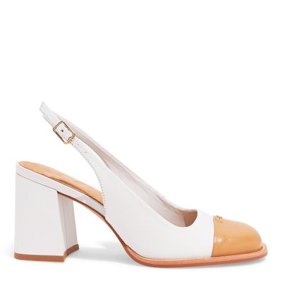 Scarpin Cap Toe Couro Branco Salto Bloco