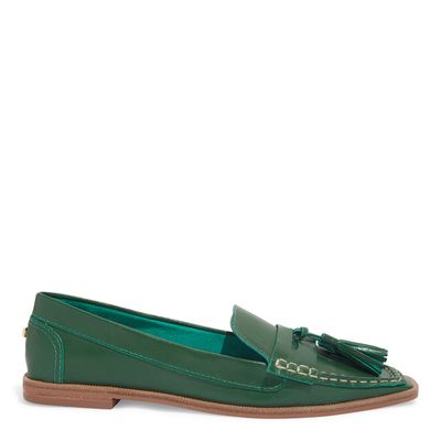 Mocassim Tassel Couro Verde Bico Quadrado