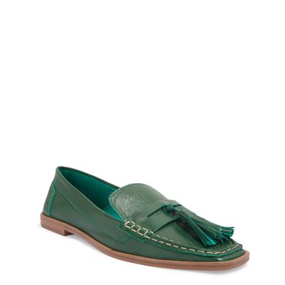 Mocassim Tassel Couro Verde Bico Quadrado