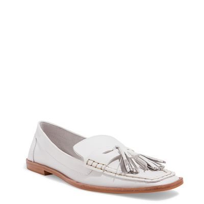 Mocassim Tassel Couro Branco Bico Quadrado