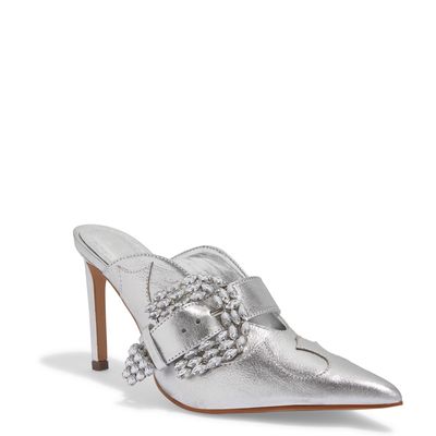 Mule Metalizado Prata Fivela Cristal Bico Fino