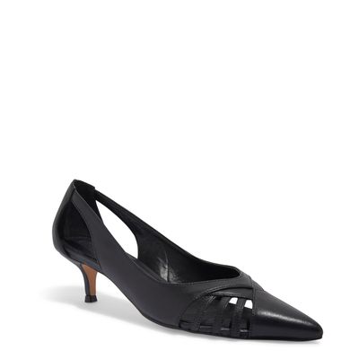 Scarpin Bico Fino Couro Preto Salto Baixo