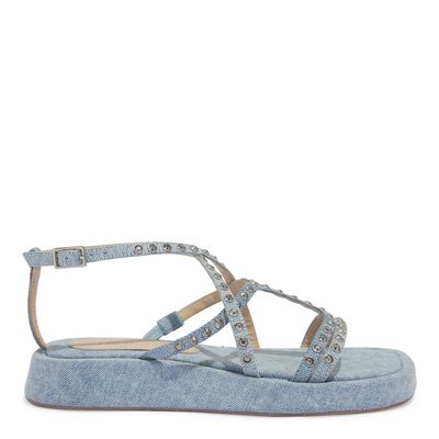 Sandália Flatform Azul Jeans Tiras Strass Hotfix