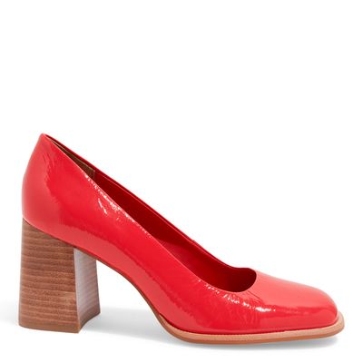 Scarpin Bico Redondo Verniz Vermelho Salto Bloco