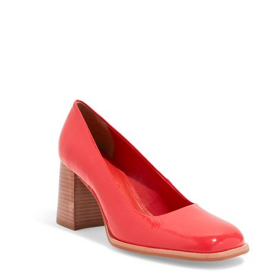 Scarpin Bico Redondo Verniz Vermelho Salto Bloco