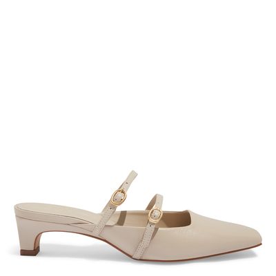 Mule Tiras Couro Off White Fivelas Salto Baixo