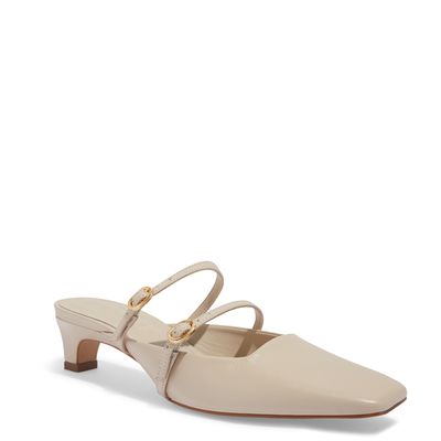 Mule Tiras Couro Off White Fivelas Salto Baixo