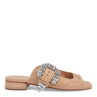 Sandália Mule Couro Rosa Fivela Strass