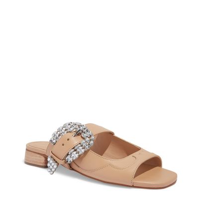 Sandália Mule Couro Rosa Fivela Strass