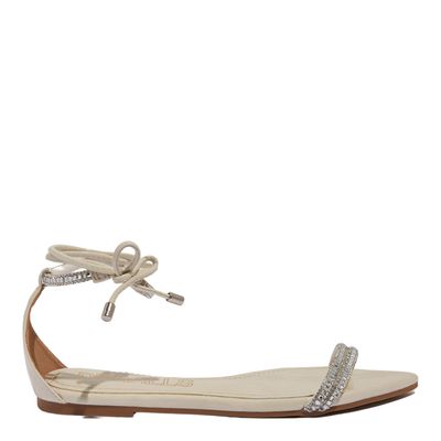 Rasteira Bico Folha Verniz Off White Strass