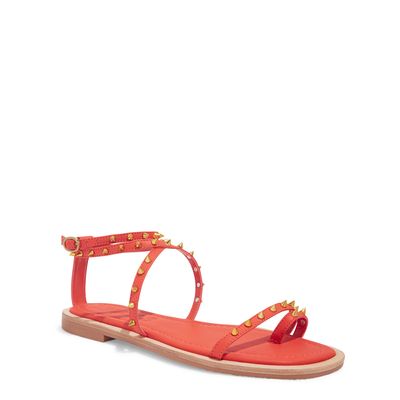 Rasteira Tiras Couro Vermelha Spikes