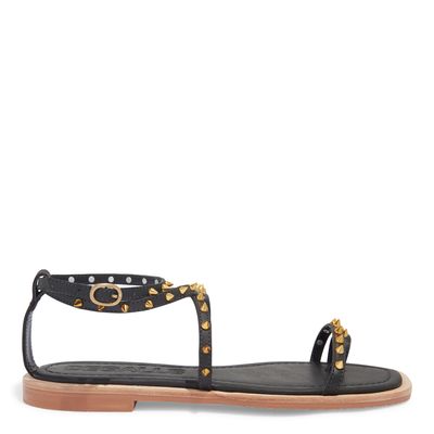 Rasteira Tiras Couro Preta Spikes