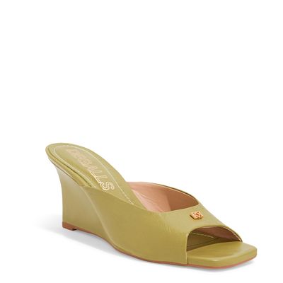 Mule Anabela Couro Verde Bico Quadrado