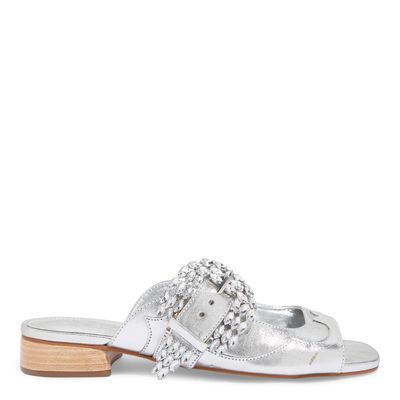 Sandália Mule Metalizada Prata Fivela Strass