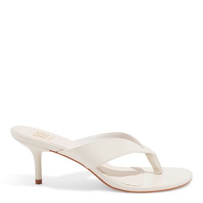 Sandália Tamanco Tiras Verniz Off White Salto Alto Fino