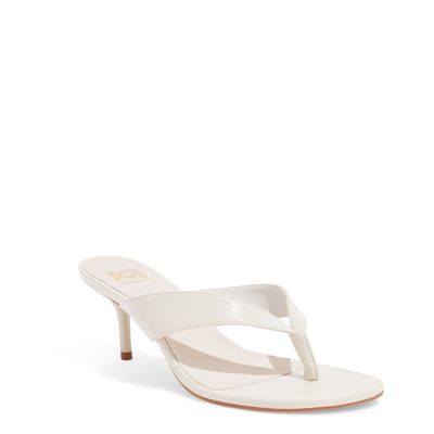 Sandália Tamanco Tiras Verniz Off White Salto Alto Fino