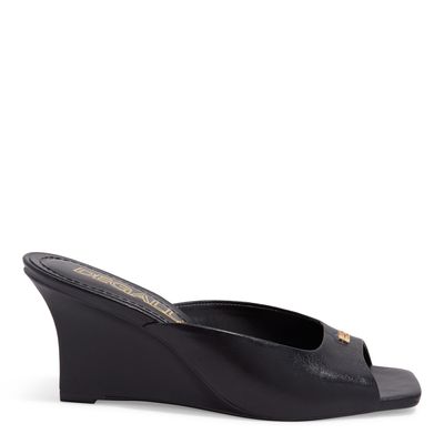 Mule Anabela Couro Preto Bico Quadrado