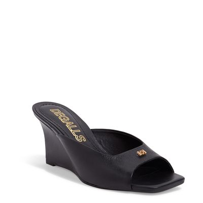 Mule Anabela Couro Preto Bico Quadrado