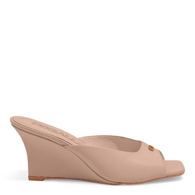 Mule Anabela Couro Rosa Bico Quadrado