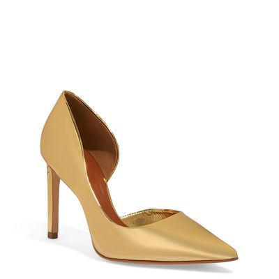 Scarpin Specchio Bico Fino Salto Alto Dourado