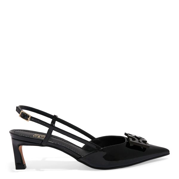 Scarpin Slingback Verniz Preto Bico Fino Salto Baixo