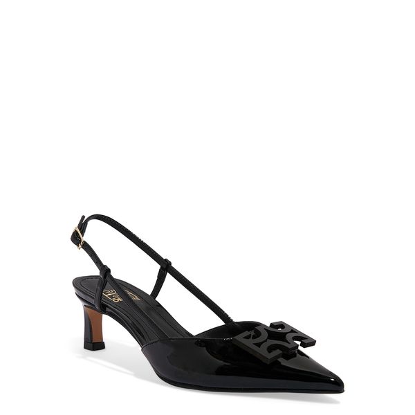 Scarpin Slingback Verniz Preto Bico Fino Salto Baixo