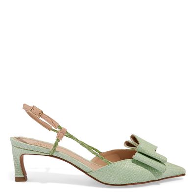 Scarpin Slingback Ráfia Verde Bico Fino Laço