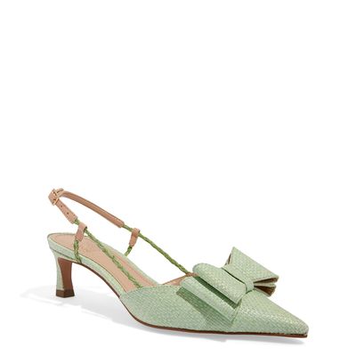 Scarpin Slingback Ráfia Verde Bico Fino Laço