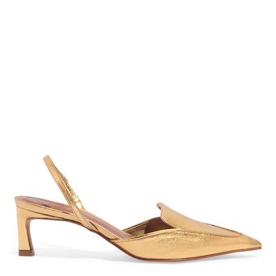 Scarpin Couro Metalizado Dourado Salto Baixo Fino
