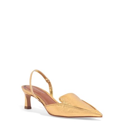 Scarpin Couro Metalizado Dourado Salto Baixo Fino