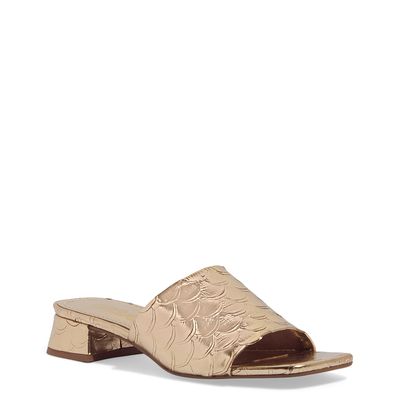 Mule Escama Dourado Metalizado Salto Bloco Baixo