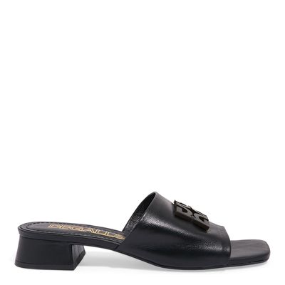 Sandália Mule Couro Preto Logo Salto Baixo Bloco