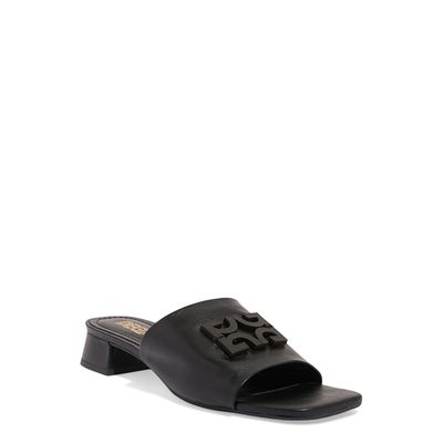 Sandália Mule Couro Preto Logo Salto Baixo Bloco