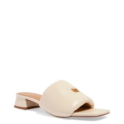 Sandália Mule Puff Off White Salto Bloco Baixo
