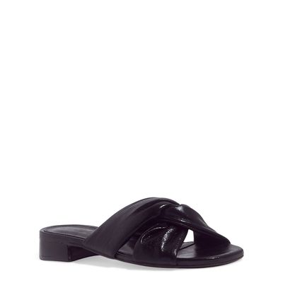 Sandália Mule Puff Couro Metalizado Preto Salto Baixo