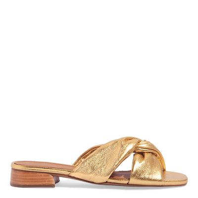 Sandália Mule Puff Couro Metalizado Dourada Salto Baixo