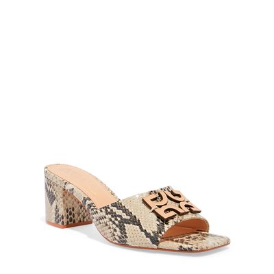 Sandália Mule Couro Animal Print Cobra Salto Bloco Baixo