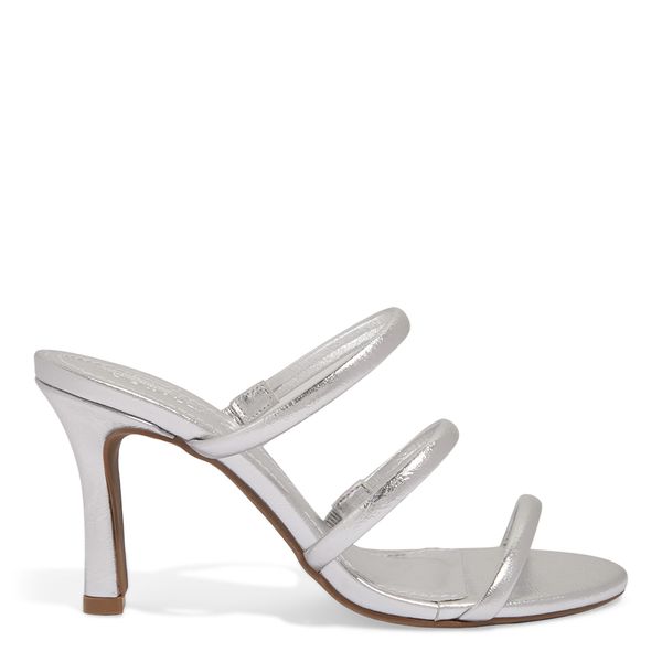 Mule Tiras Metalizado Prata Salto Alto Fino