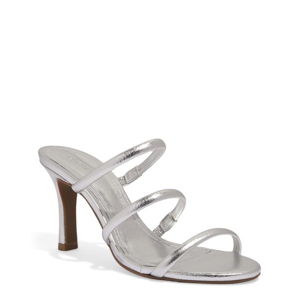 Mule Tiras Metalizado Prata Salto Alto Fino