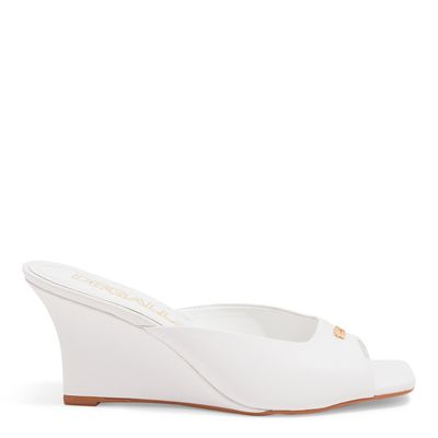 Mule Anabela Couro Branco Bico Quadrado